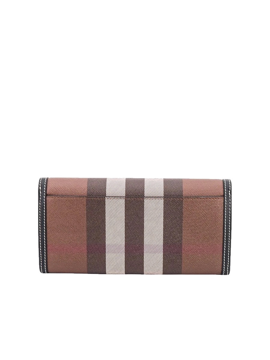 Check and Leather Continental Wallet in Dark Birch Brown