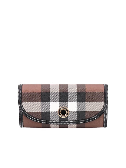 Check and Leather Continental Wallet in Dark Birch Brown