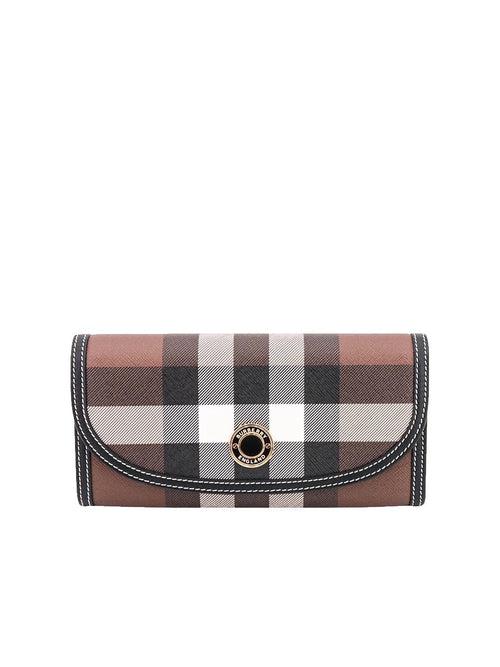 Check and Leather Continental Wallet in Dark Birch Brown
