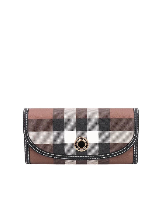 Check and Leather Continental Wallet in Dark Birch Brown