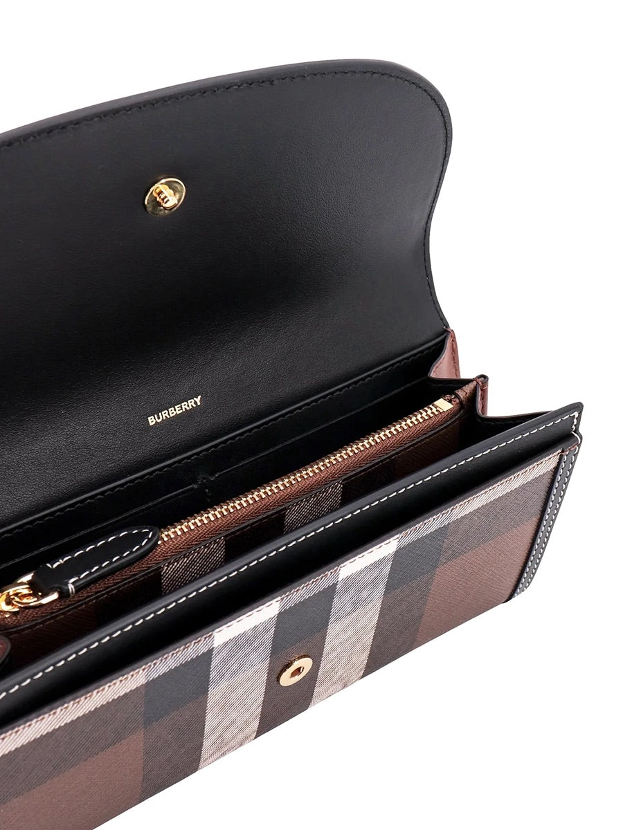 Check and Leather Continental Wallet in Dark Birch Brown