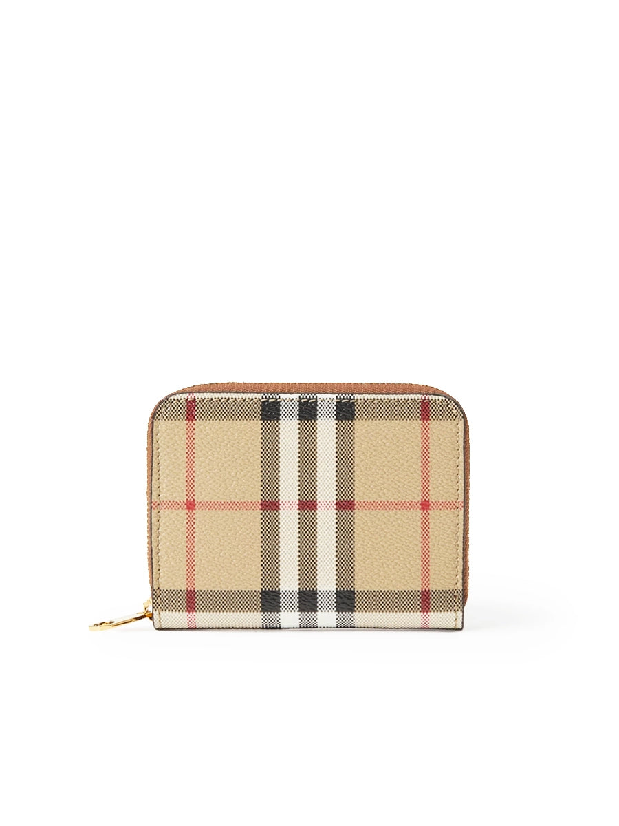 Leather and Check Zipped Wallet in Archive Beige and Briarwood
