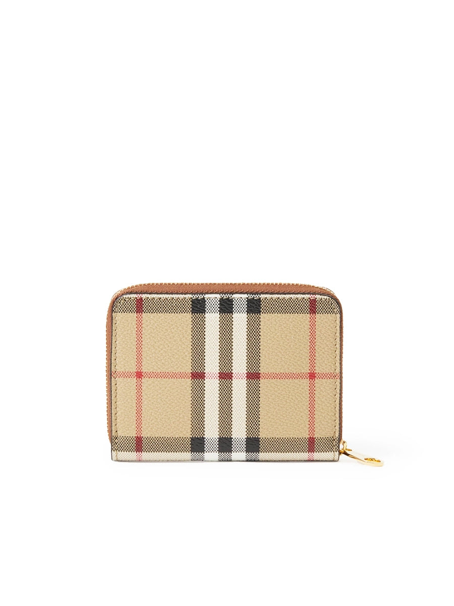 Leather and Check Zipped Wallet in Archive Beige and Briarwood