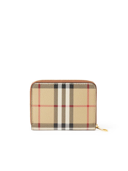 Leather and Check Zipped Wallet in Archive Beige and Briarwood