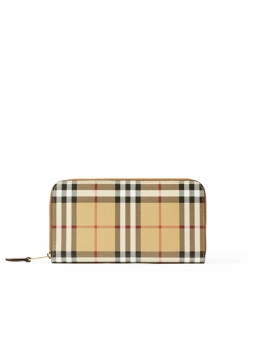 Leather and Check Zipped Wallet in Archive Beige