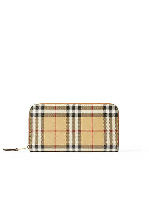 Leather and Check Zipped Wallet in Archive Beige