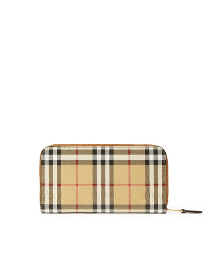 Leather and Check Zipped Wallet in Archive Beige