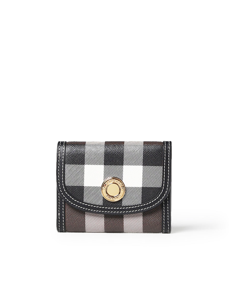 Small Leather and Check Flap Trifold Wallet in Black