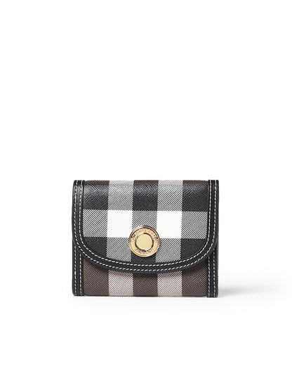 Small Leather and Check Flap Trifold Wallet in Black