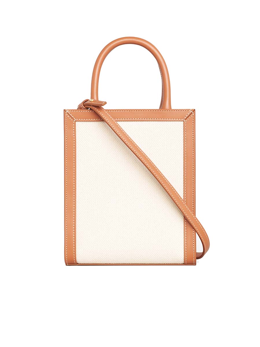 Mini Vertical Cabas Celine in Textile with Celine Print and Calfskin in Tan