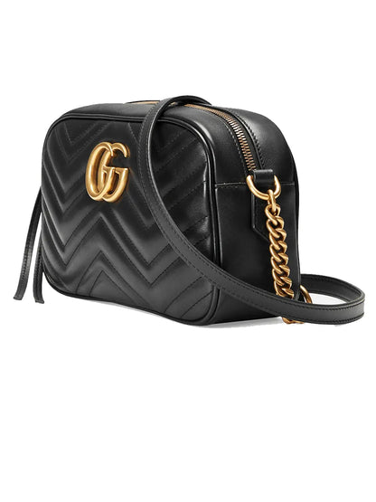 GG Marmont Small Matelassé Zipped Black Leather Shoulder Bag