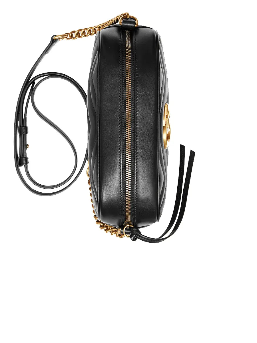 GG Marmont Small Matelassé Zipped Black Leather Shoulder Bag